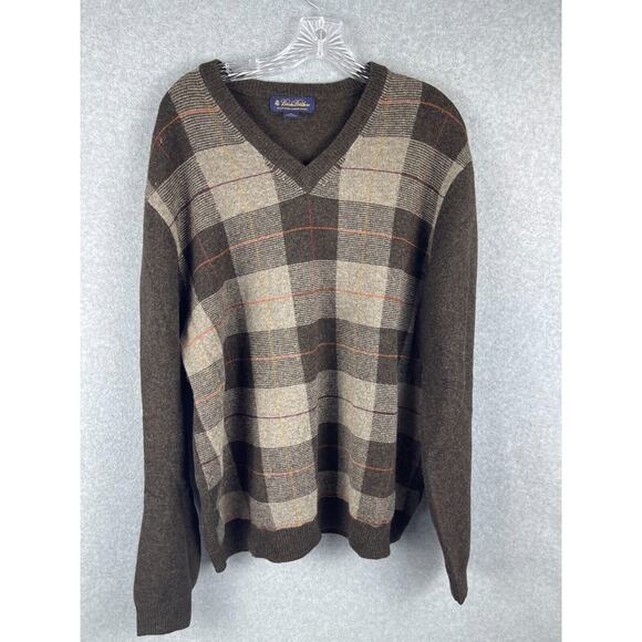Brooks‎ Brothers Scottish Lambswool Sweater Mens XL Brown Plain V Neck Pullover - Picture 1 of 9